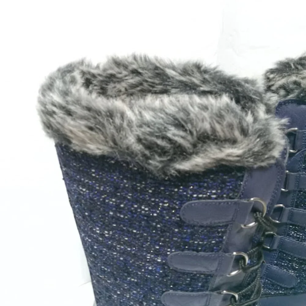 Snow Boots Winter Navy Blue Knit Faux Fur Women's Size 8.5 Mid calf Boots